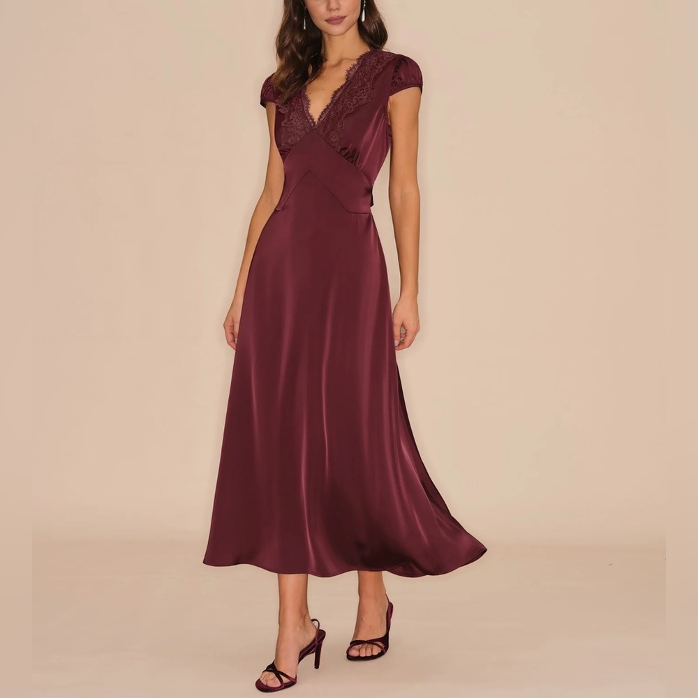 Rihoas Wine Red V Neck Lace Maxi Dress